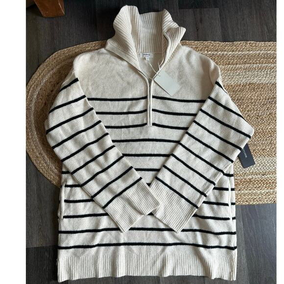 WEEKEND Women's Half Zip Striped Sweater Size 1X In Ivory Black Stripe - Picture 3 of 11